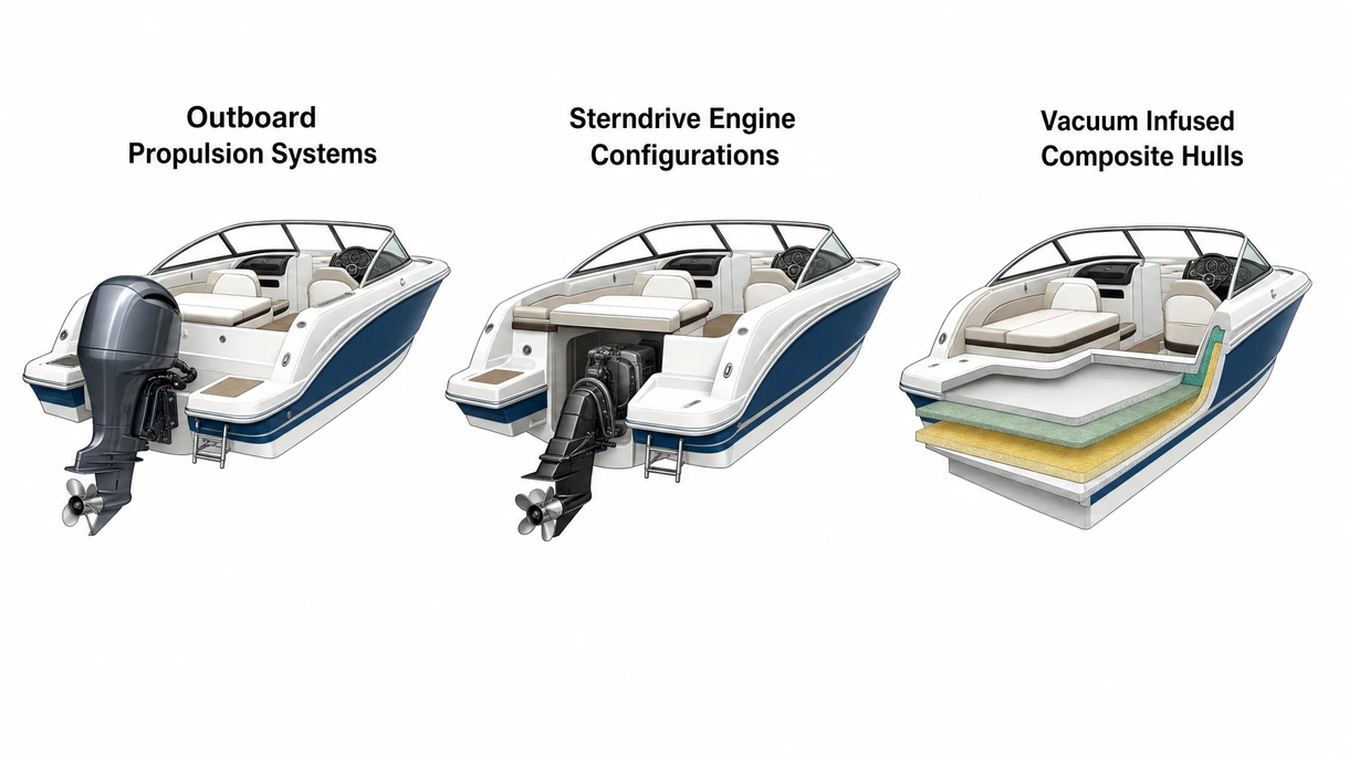 Detailansicht der Steuerkonsole eines Bowrider-Runabouts mit integrierten digitalen Displays und ergonomischen maritimen Lenkkomponenten.