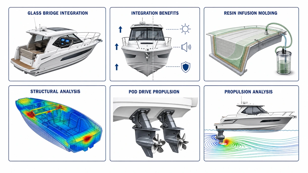 Technische Nahaufnahme einer Hardtop-Struktur aus Kohlefaser, die integrierte Radarhalterungen und aerodynamische Entwässerungskanäle auf einer Yacht zeigt.