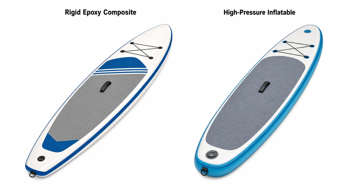 Nahaufnahme von verstärktem zweilagigem PVC und hitzegeschweißten Nähten an einem professionellen maritimen Stand-up-Paddleboard.