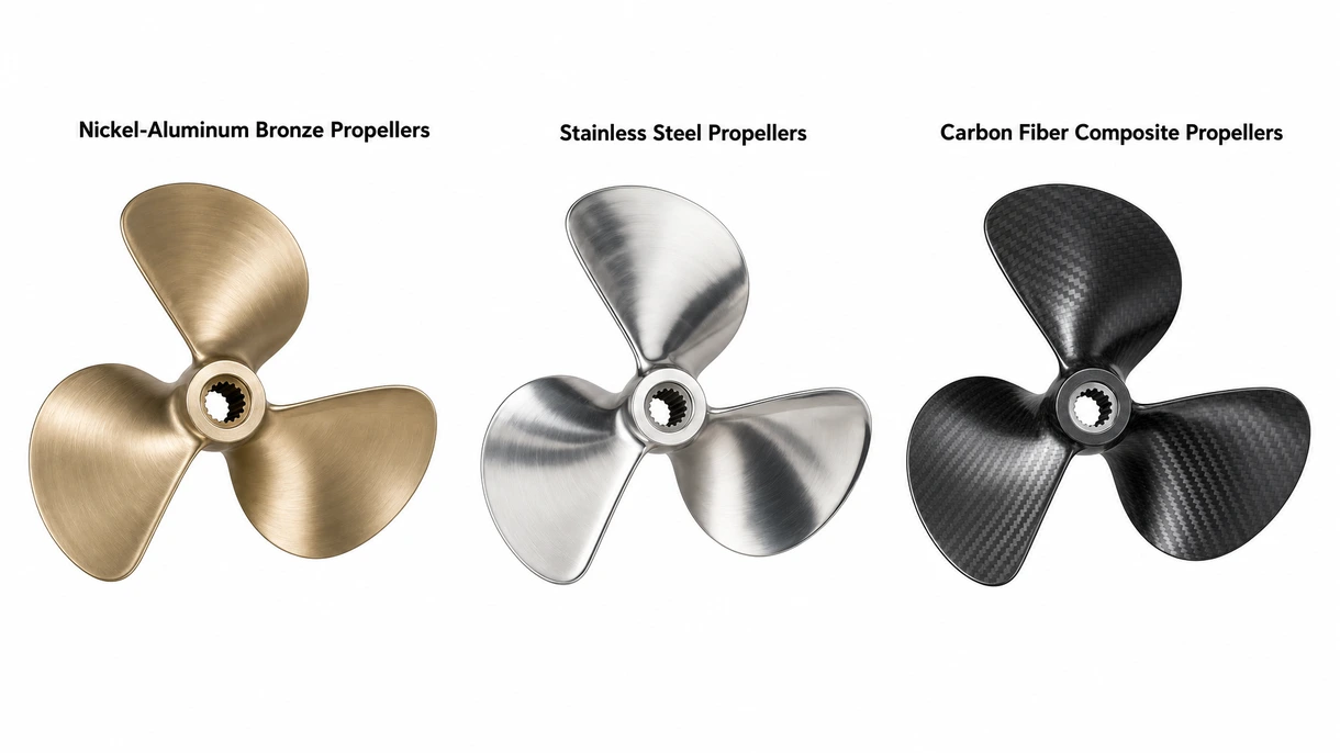 Detaillierte Nahaufnahme eines bearbeiteten Festpropellerflügels aus Nickel-Aluminium-Bronze mit präziser Oberflächenveredelung und hydrodynamischem Kantenprofil.