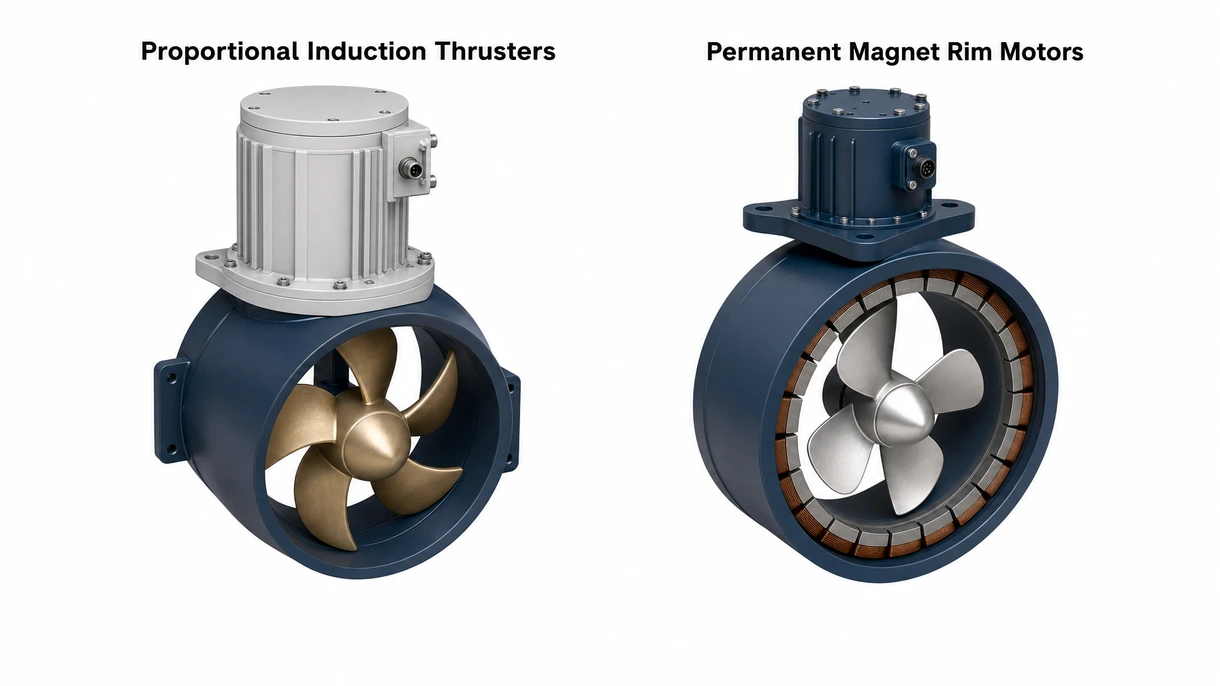 Detailansicht eines Tunnelstrahlruders aus Bronze mit einem Permanentmagnetmotor, installiert am Rumpf eines gewerblichen Schiffes.