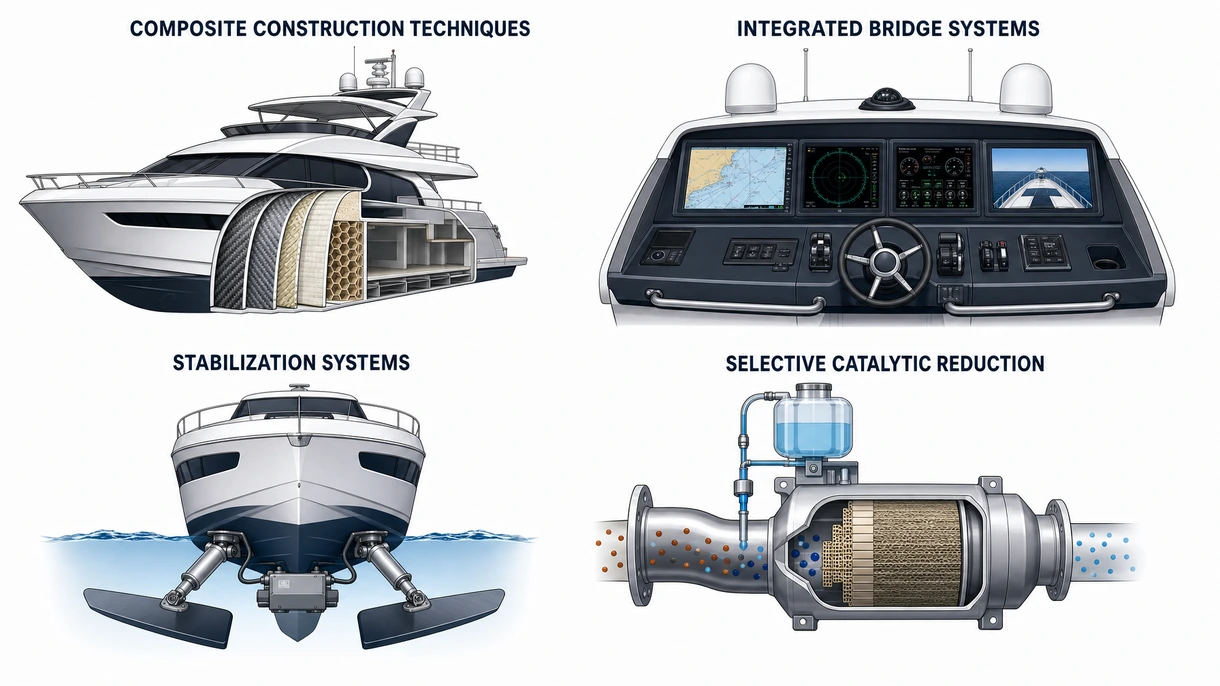 Detailansicht der strukturellen Integration einer Kohlefaser-Flybridge und integrierter Glass-Bridge-Navigationsdisplays auf einer Motoryacht.