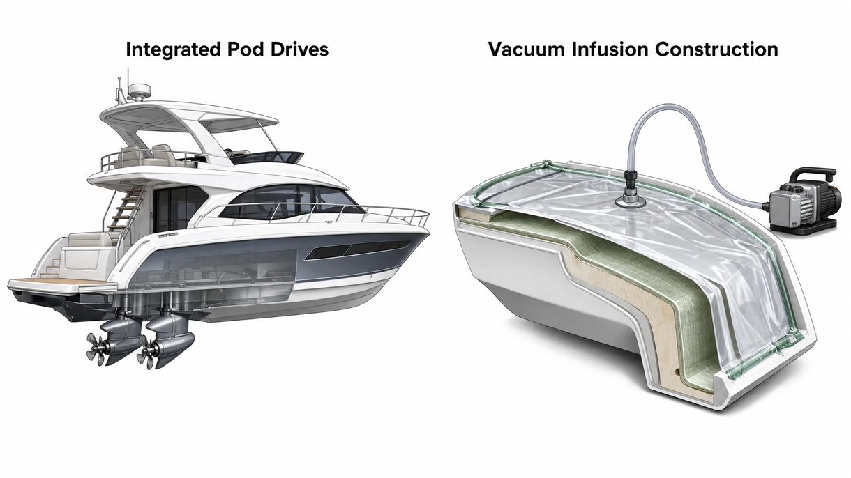 Technische Nahaufnahme eines Maschinenraums eines Express-Cruisers / Flybridge mit integrierten Pod-Antriebssystemen und verstärkten maritimen Strukturen.