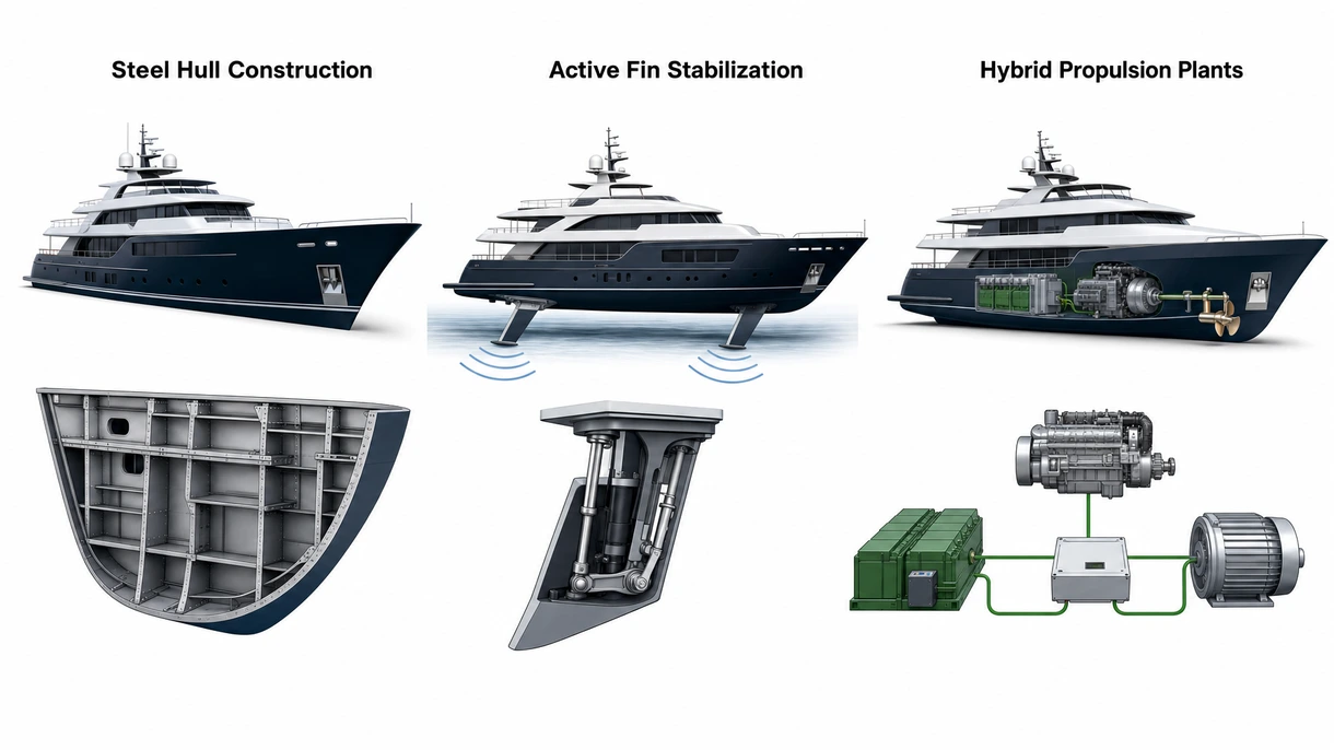 Technische Nahaufnahme einer Verdrängeryacht mit aktiven Stabilisierungsflossen und hochbelastbarer Antifouling-Beschichtung.
