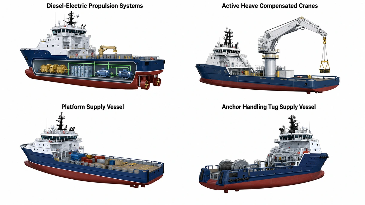Technische Nahaufnahme eines DP-Strahlruders und einer Winde mit aktiver Seegangskompensation an einem Offshore-Service-Schiff.