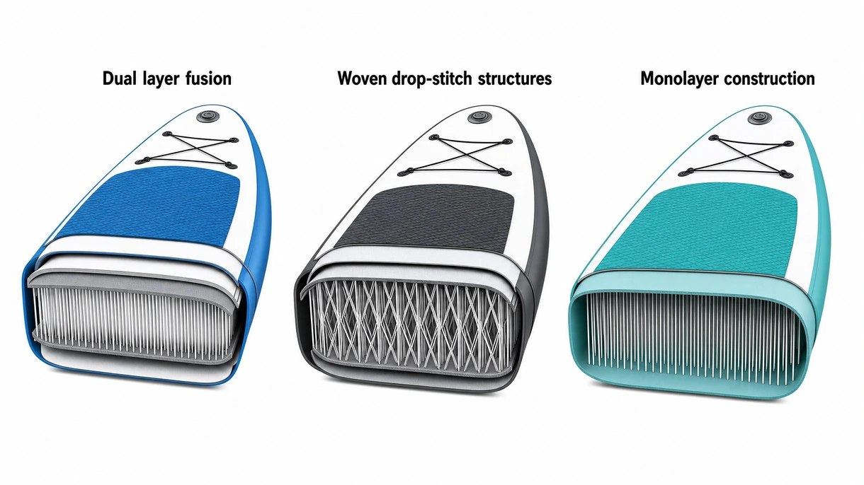 Detaillierte technische Ansicht der gewebten Drop-Stitch-Innenfasern und der zweilagigen Fusion-Haut eines professionellen iSUPs.