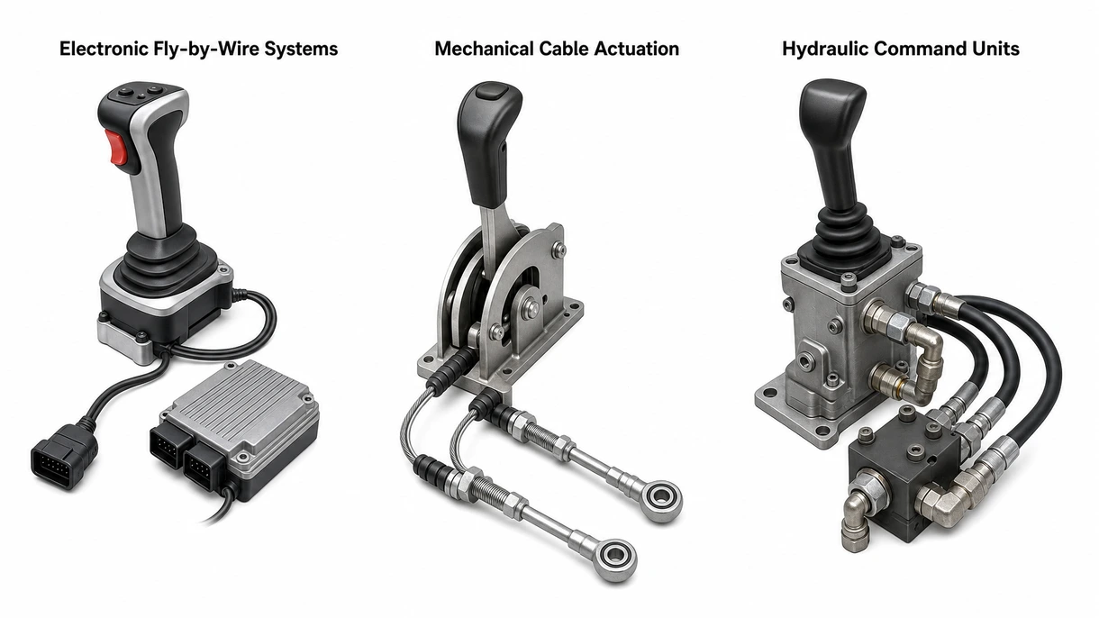 Makroansicht eines maritimen Steuerhebels aus Edelstahl mit beleuchteten Anzeigen und ergonomischen haptischen Schubrastungen.