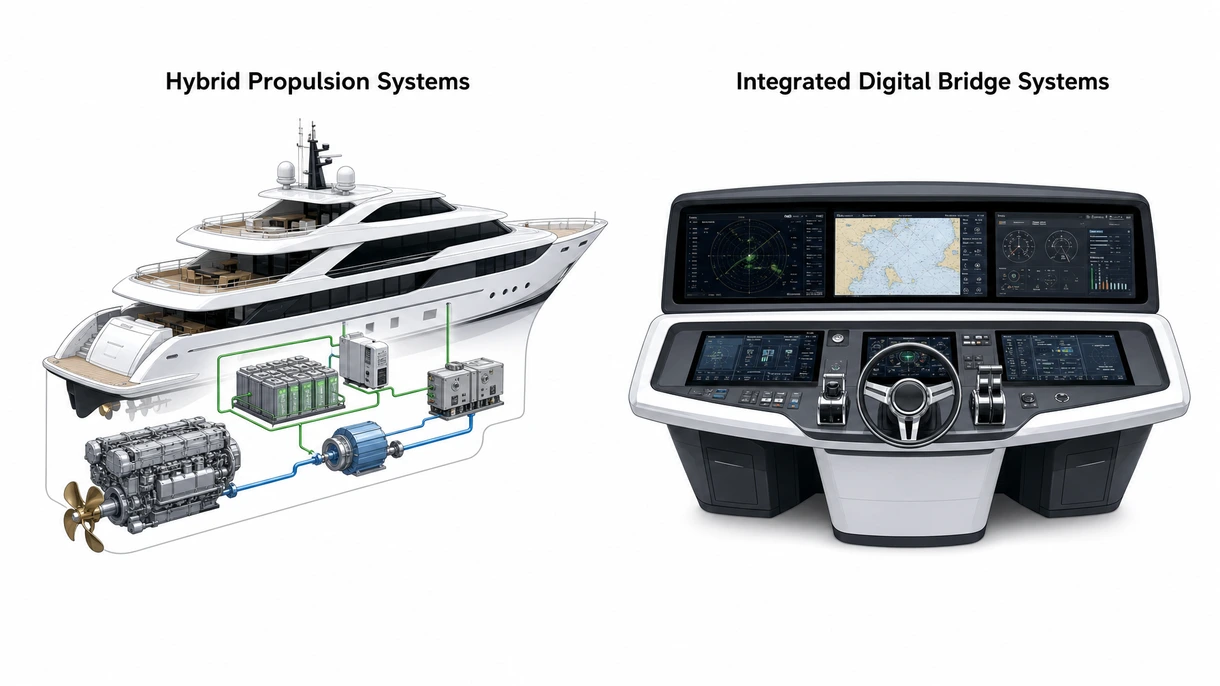 Technische Nahaufnahme eines Hochleistungs-Verstellpropellers und einer Stabilisierungsflosseneinheit an einem Megayacht-Stahlrumpf.