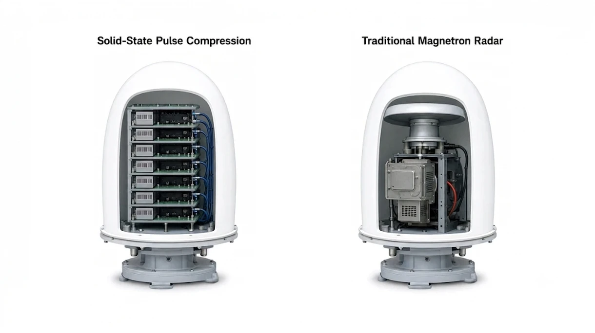 Technische Nahaufnahme einer kompakten Marine-Radomantenne, die das robuste, wetterfeste Gehäuse und Details des NMEA-Anschlussports zeigt.