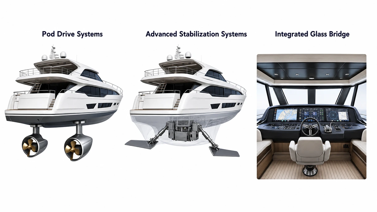 Detailansicht des Maschinenraums mit Doppel-Dieselmotoren und synchronisierten Stabilisierungssystemen für den Yachtbetrieb.