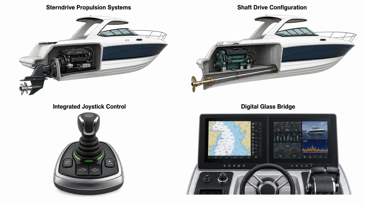 Detaillierte technische Ansicht eines Doppelmotor-Innenbord-Antriebssystems mit sichtbaren Wartungspunkten und Seewasserkühlungs-Einlässen.