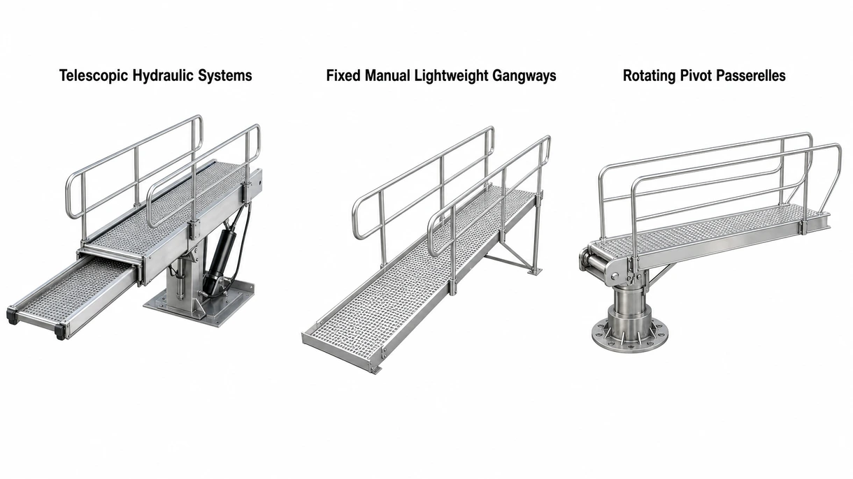 Technische Nahaufnahme eines polierten Scharniermechanismus einer Edelstahl-Gangway mit präzisen Hydraulikanschlüssen und rutschfesten Oberflächenstrukturen.