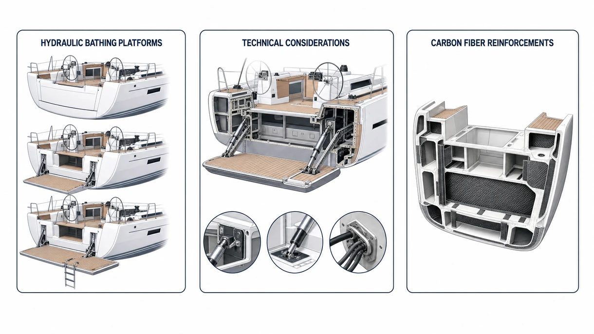 Technische Nahaufnahme des verstärkten Strukturscharniers und des Hydraulikmechanismus einer integrierten Badeplattform an einem offenen Heck.