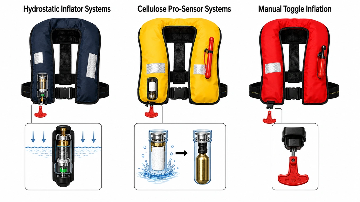 Nahaufnahme eines hydrostatischen Auslösemechanismus und eines CO2-Zylinders in einer professionellen Rettungsweste für die Seefahrt.