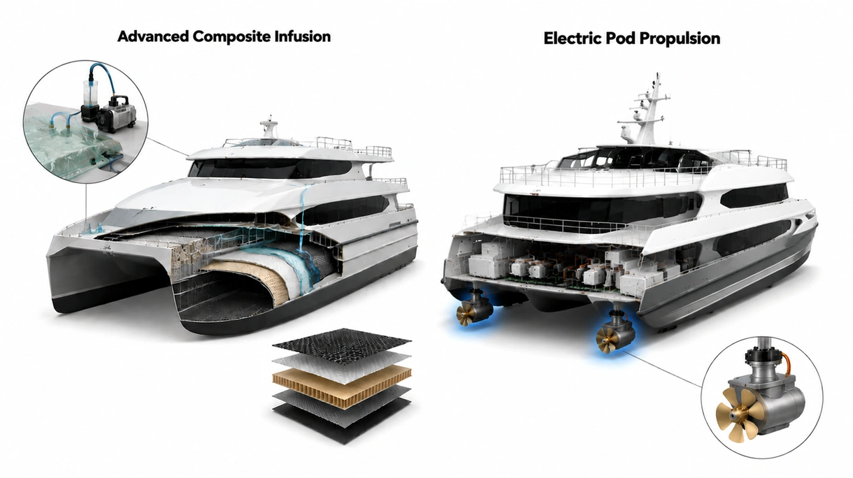 Technische Nahaufnahme eines Hydrofoil-Systems an einem Katamaran-Schiff, die präzisen Schiffbau und hochwertige Edelstahlkomponenten zeigt.