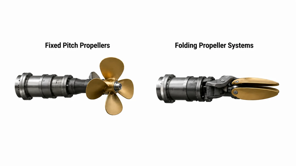 Technische Nahaufnahme einer präzisionsgefertigten Propellernabe, die die Keilwellenverbindung und Details der hydrodynamischen Blattwurzelgeometrie zeigt.