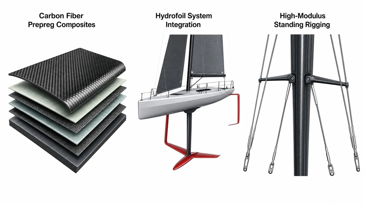 Detaillierte Nahaufnahme eines High-Modulus-Carbonmasts und eines synthetischen stehenden Guts, die fortschrittliche Spannungsjustierungssysteme an Deck zeigt.