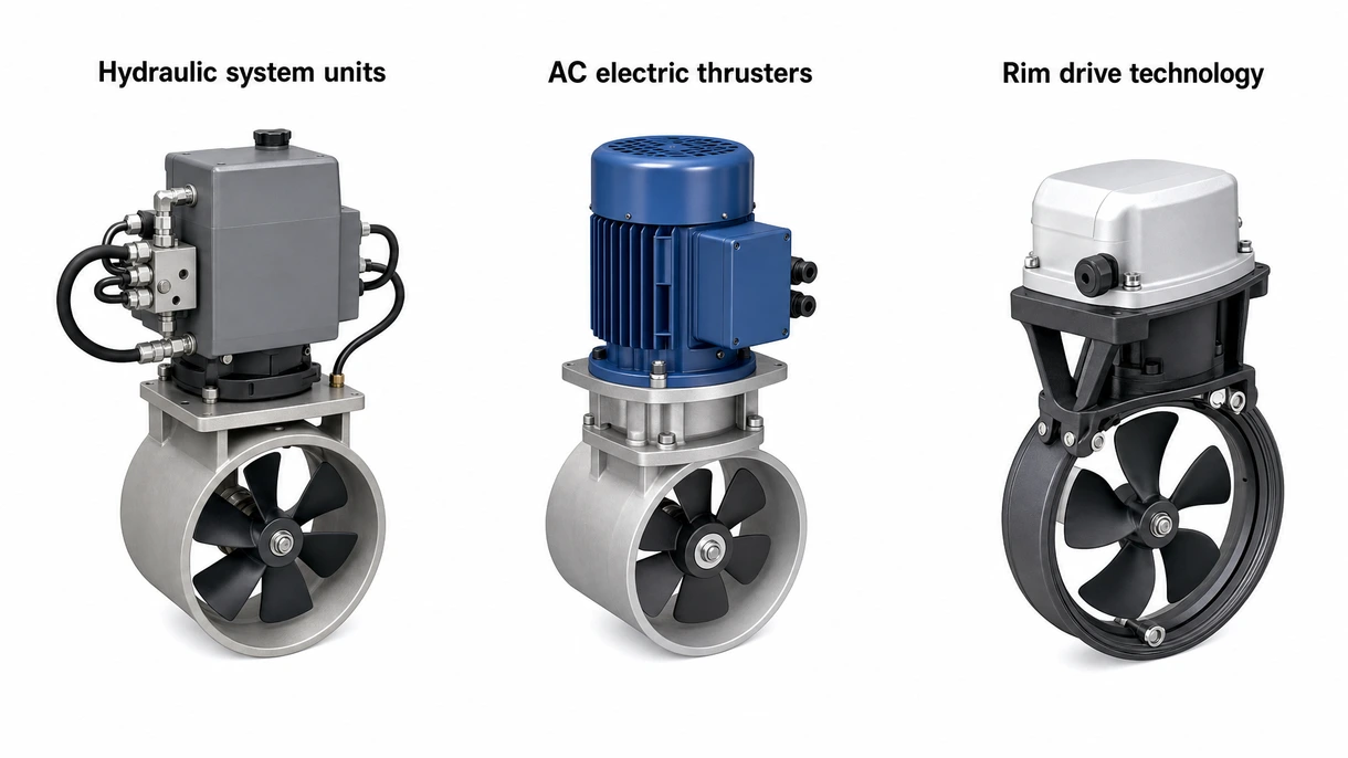 Detailansicht eines tunnelmontierten Propellers eines seitlichen Strahlruders mit hochwertigen Bronzeflügeln und Antifouling-Beschichtung.