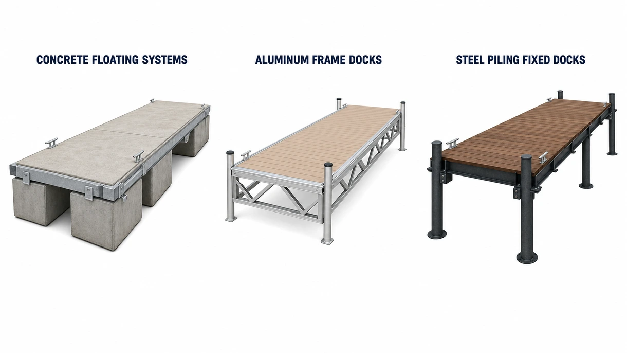 Technische Nahaufnahme eines Dockrahmens aus Marine-Aluminium mit integrierten Versorgungskanälen und verstärkter Befestigung für Edelstahl-Poller.