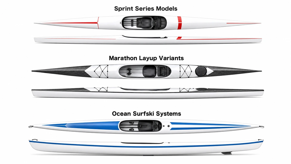 Detaillierte Nahaufnahme eines Regatta-Kajak-Layups aus Kohlenstofffaser und eines verstellbaren, ergonomischen Fußstützensystems für professionelle Kraftübertragung.