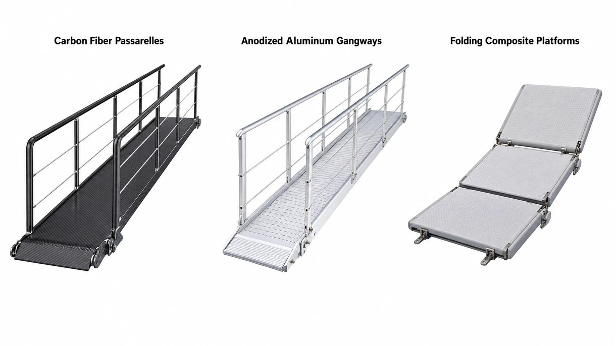 Nahaufnahme eines Scharniers einer manuellen Gangway aus eloxiertem Aluminium und der rutschfesten Oberfläche, die Beschläge und Oberflächenausführungen in Industriequalität für die Schifffahrt zeigt.