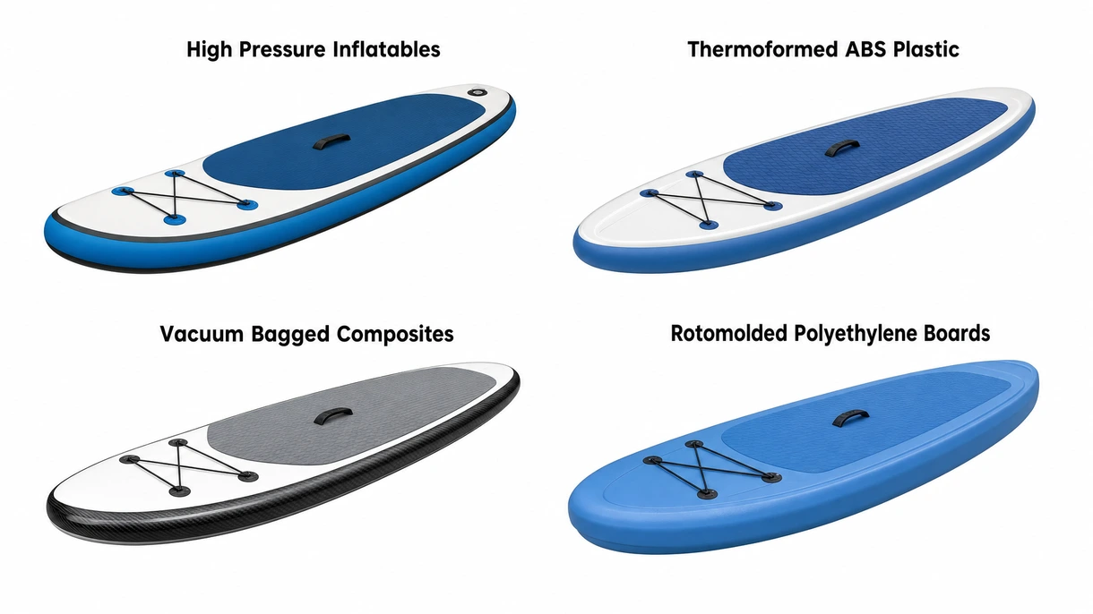 Technische Nahaufnahme von Hochdruck-Drop-Stitch-PVC-Lagen und verstärktem Kantenband an einem professionellen Stand-Up-Paddle-Board.