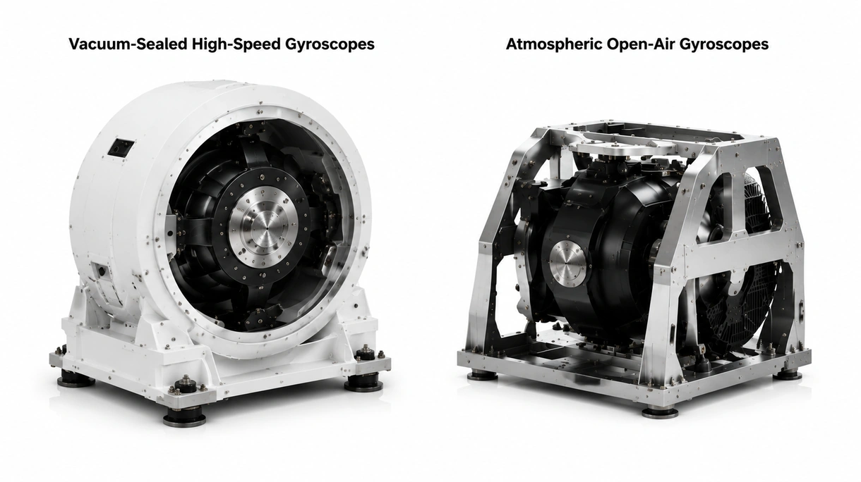 Technische Nahaufnahme eines vakuumversiegelten Kreisel-Schwungrads und eines Präzisions-Hydraulik-Kardansystems für Hochleistungs-Yachtstabilisierung.