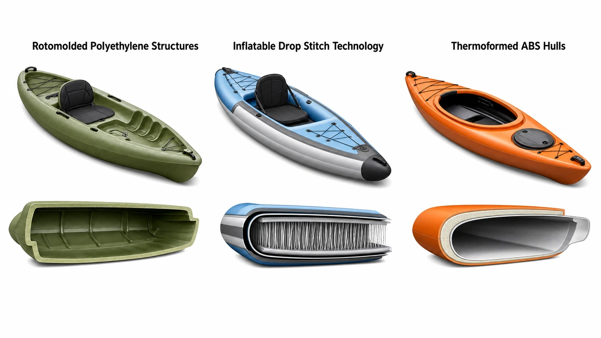 Technisches Detail eines verstärkten Polyethylen-Kajakrumpfes mit integrierter Lenzöffnung und UV-beständiger Oberfläche in Marinequalität.