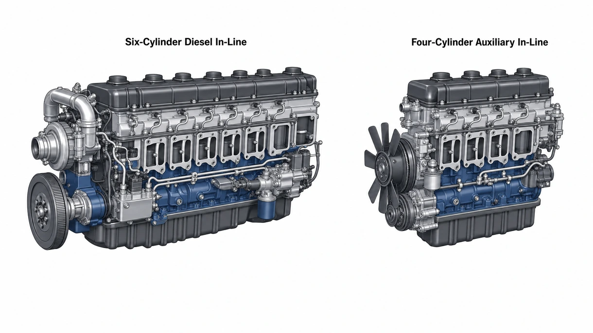 Technische Nahaufnahme eines Hochdruck-Common-Rail-Systems an einem maritimen Inline-Motor mit Darstellung von Einspritzdüsen und Sensoren.