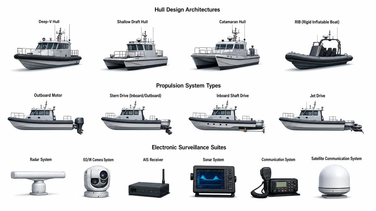 Technische Nahaufnahme eines maritimen Wasserstrahlantriebs und eines verstärkten Heckspiegels an einem professionellen Hochgeschwindigkeits-Abfangboot.