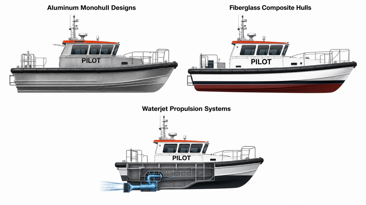 Technisches Detail eines Selbst-Fendering-Systems und einer vertieften Rettungsplattform an einem modernen Aluminiumrumpf eines Lotsenboots.