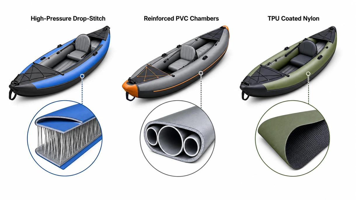 Technische Detailaufnahme einer Hochdruck-Drop-Stitch-Rumpfkonstruktion und verstärkter Ventile an einem aufblasbaren Wasserfahrzeug in Marinequalität.