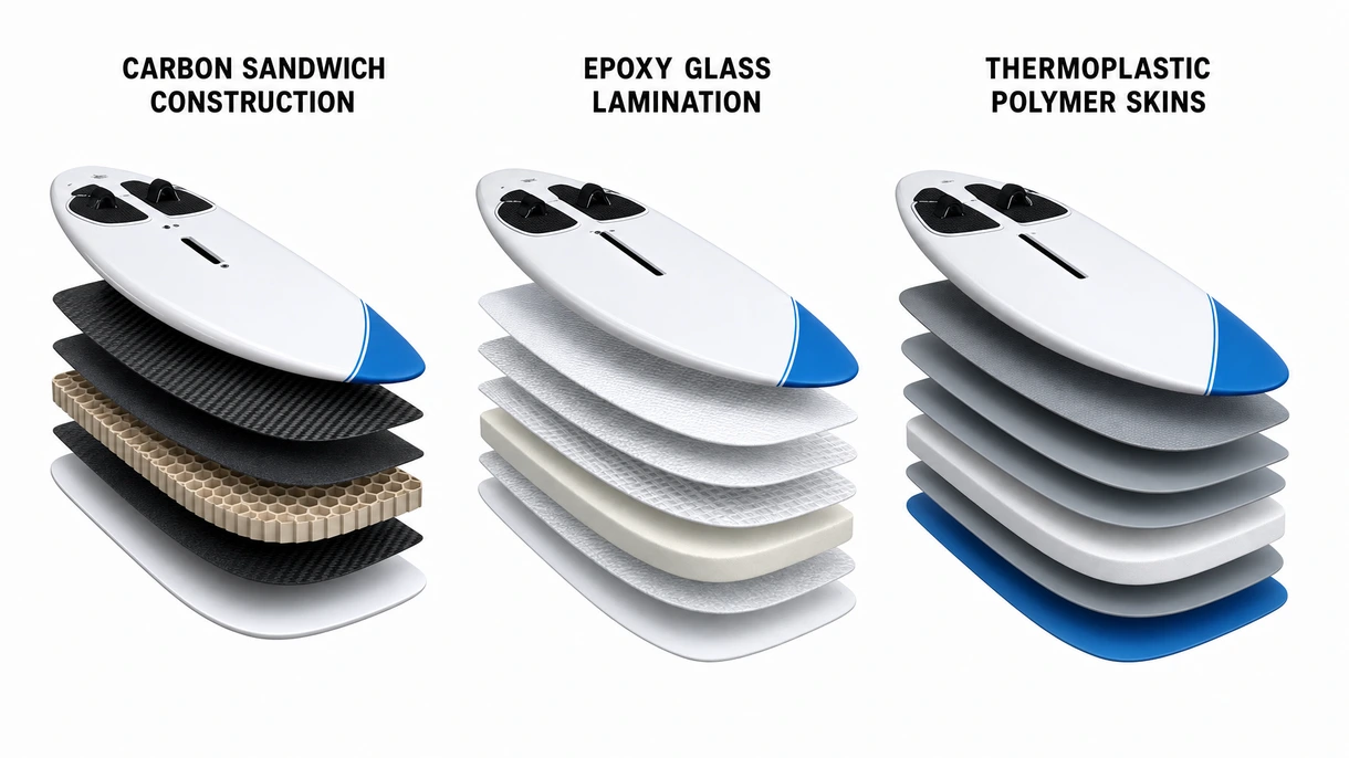 Eine technische Makroansicht der verstärkten Carbonfaser-Laminierung und der integrierten Mastspur auf einem Windsurfboard.