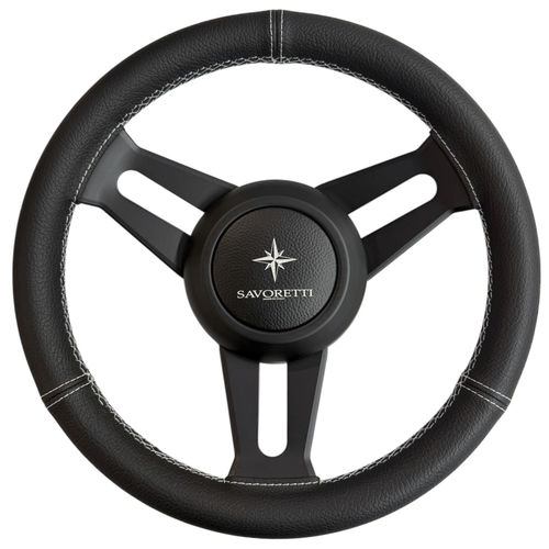 Motorboot-Lenkrad / mit Lederbezug - T30PS GHOST/35 - SAVORETTI ARMANDO & C. s.n.c. - Edelstahl / 3-Speichen / schwarz