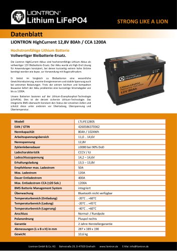 LIONTRON HighCurrent 12,8V 80Ah / CCA 1200A