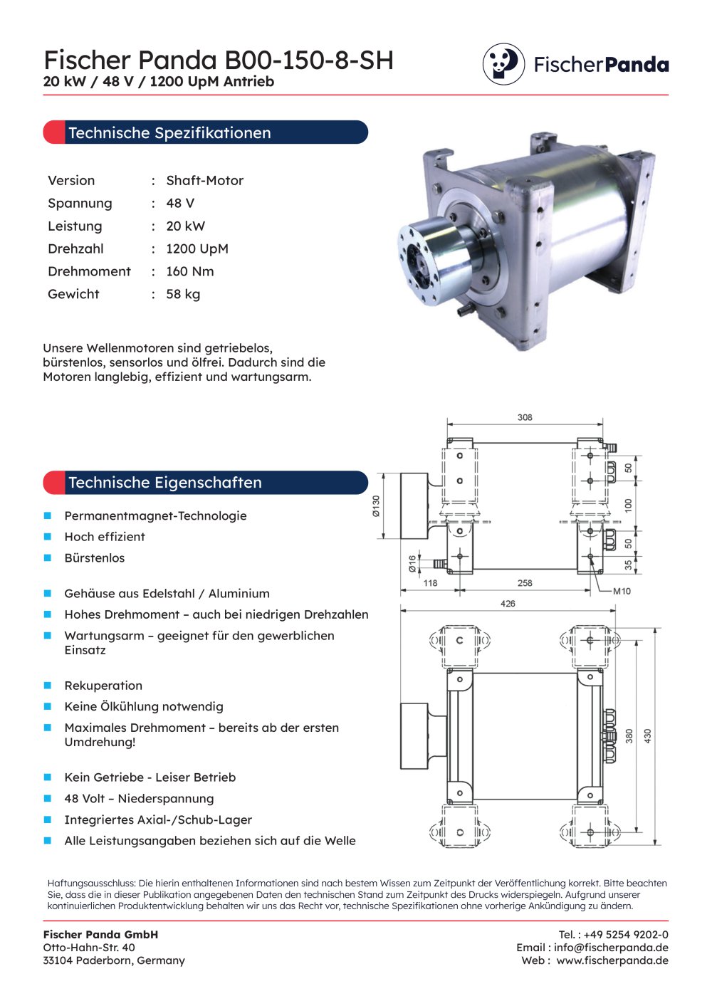 20 kW Shaft E-Motor 48 V (1200 UpM) - Fischer Panda