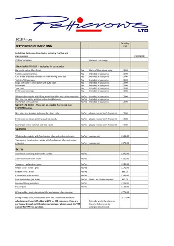 Petticrows Finn price list 2018