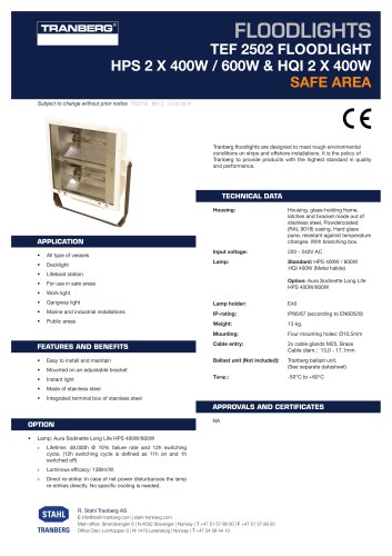 Datasheet TEF 2502 Floodlight HPS max 2x 400W-600W