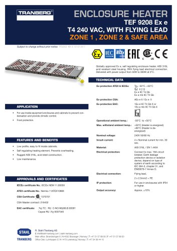 Datasheet TEF 9208 Enclosure heaterT4, 250 VAC