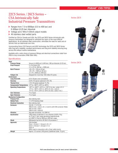 22CS Series / 26CS Series – CSA Intrinsically Safe Industrial Pressure Transmitters