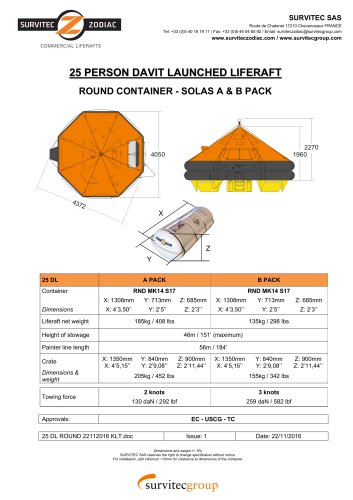 25 PERSON DAVIT LAUNCHED LIFERAFT ROUND CONTAINER - SOLAS A & B PACK